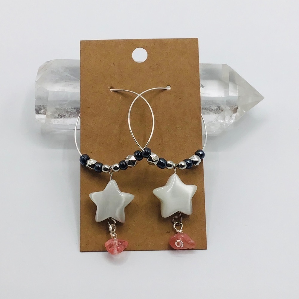 New Earrings Boho Cats Eye Carved Star Hoop Hematite Rose Quartz Chip 28$
